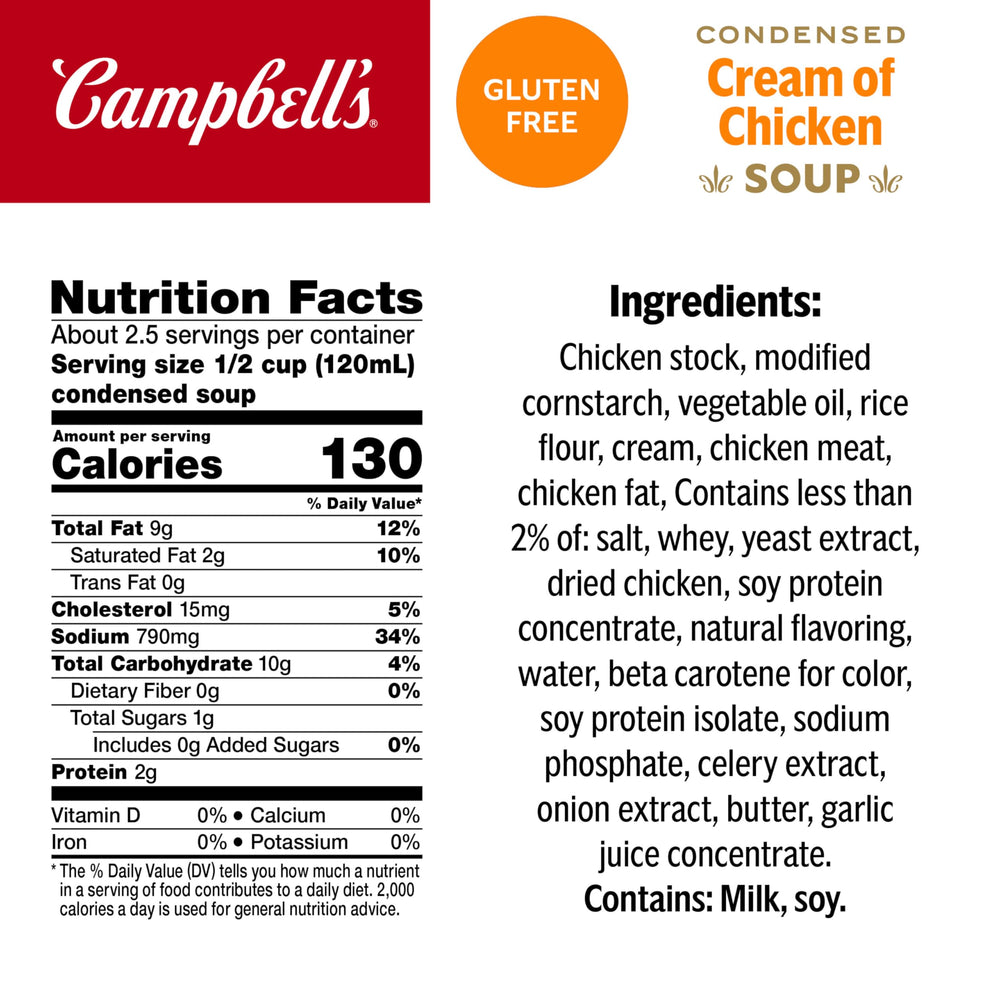 Campbell's cream of chicken soup ingredients label showing gluten-free formula.
