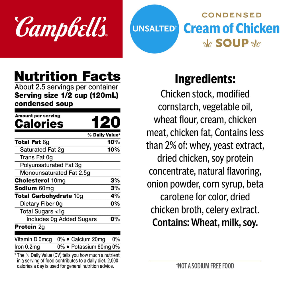 Campbell's Cream of Chicken Soup label highlights an unsalted option for salt-conscious cooking.
