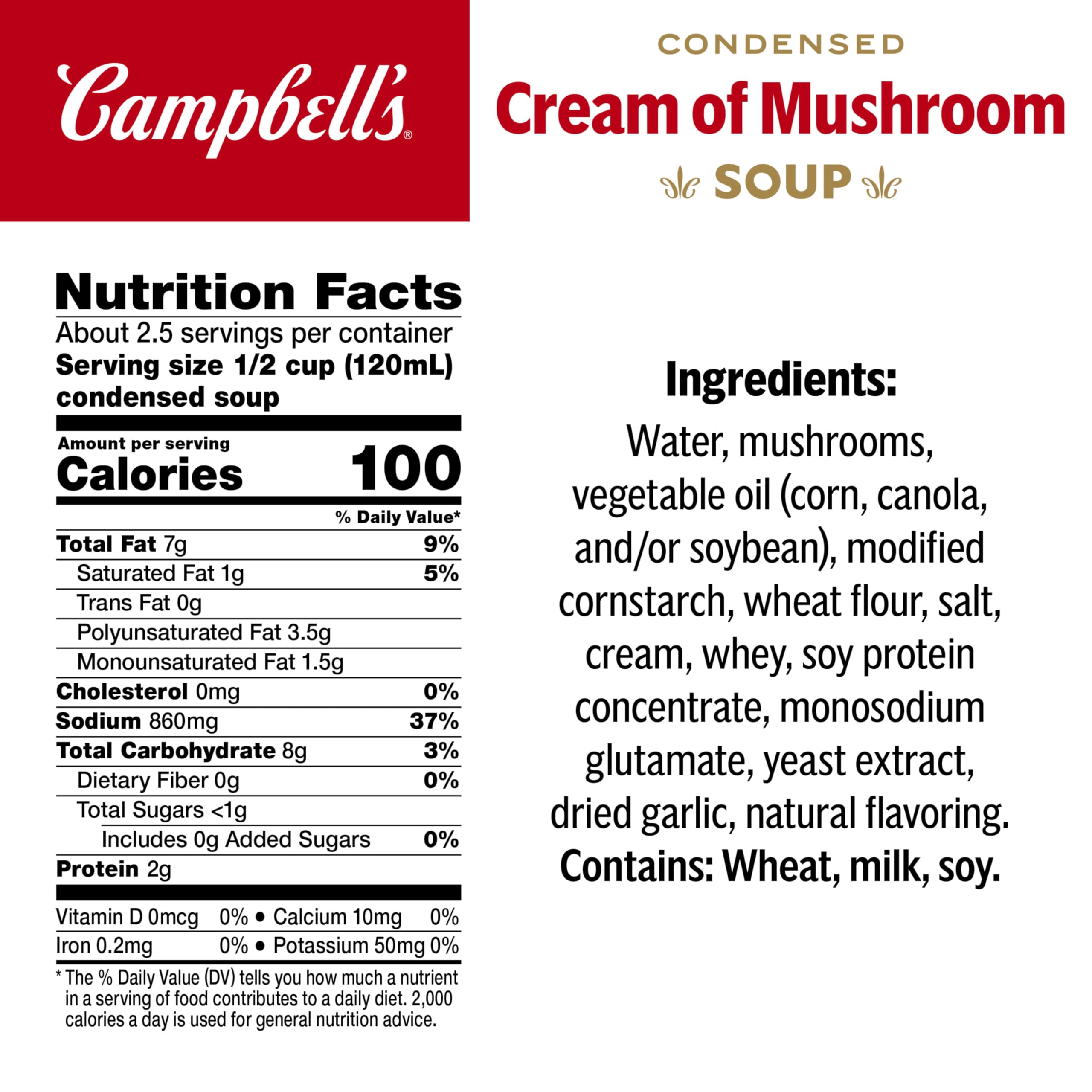 Campbells Cream of Mushroom Soup label highlights no preservatives for a simple pantry staple.