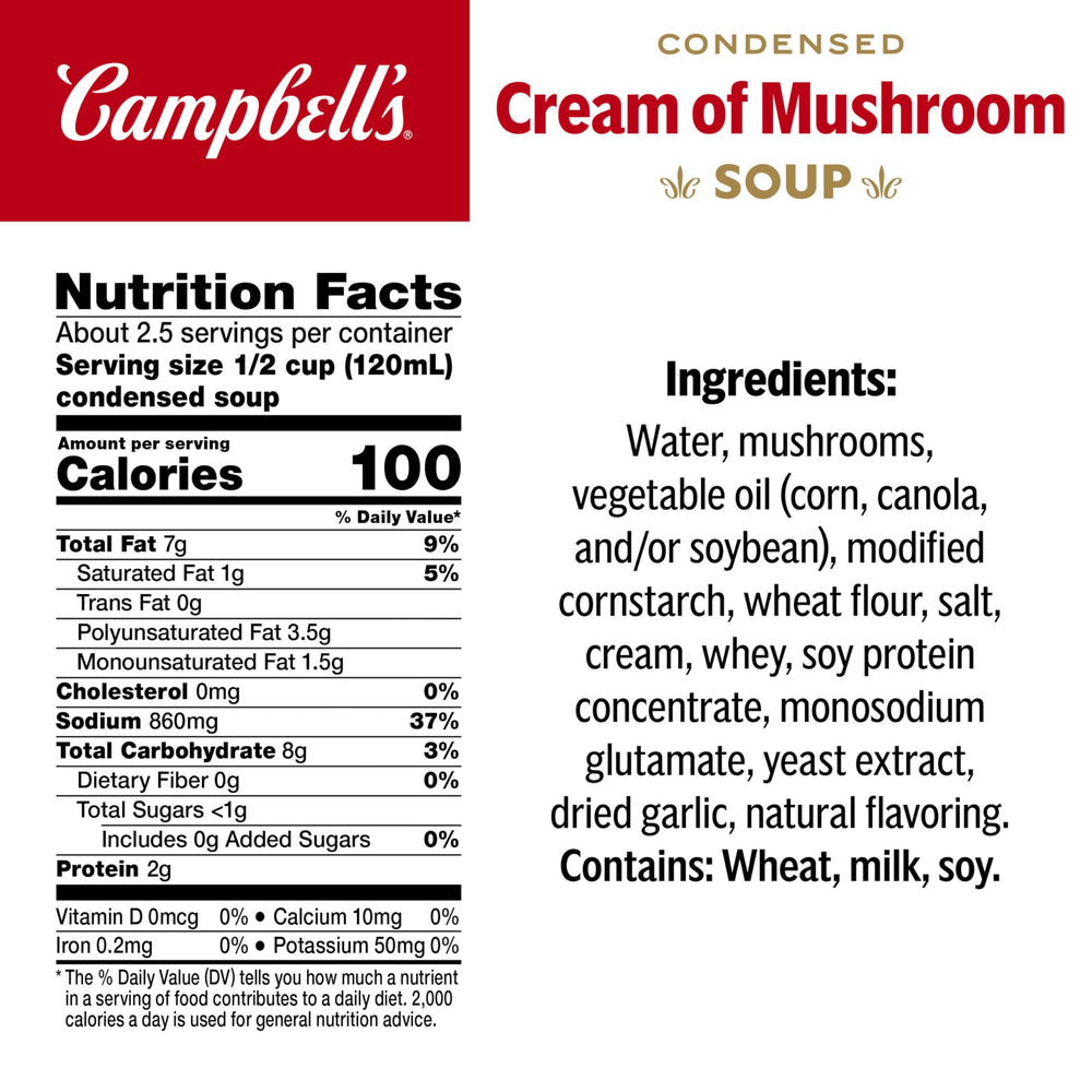Campbells Cream of Mushroom Soup label highlights no preservatives for a simple pantry staple.