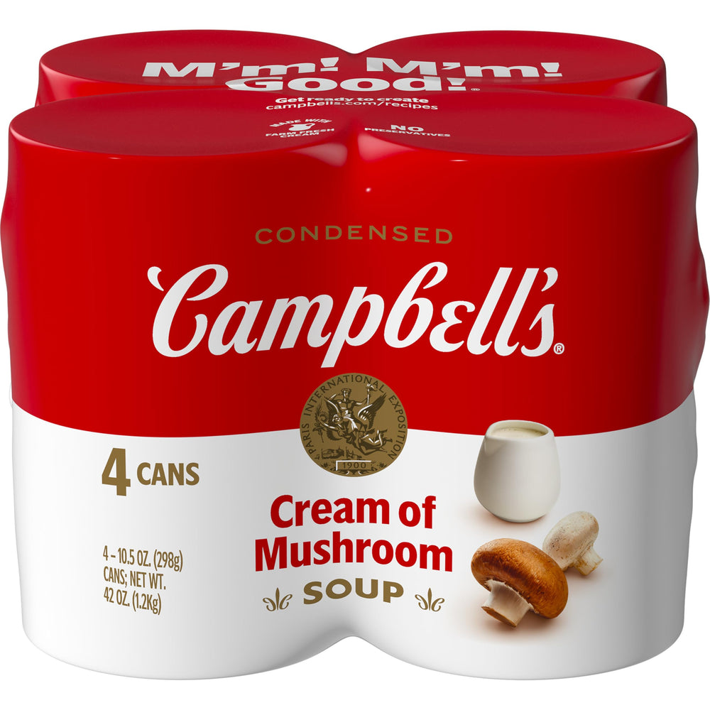 Campbell's Cream of Mushroom Soup four-pack can on pantry shelf for easy weeknight use.