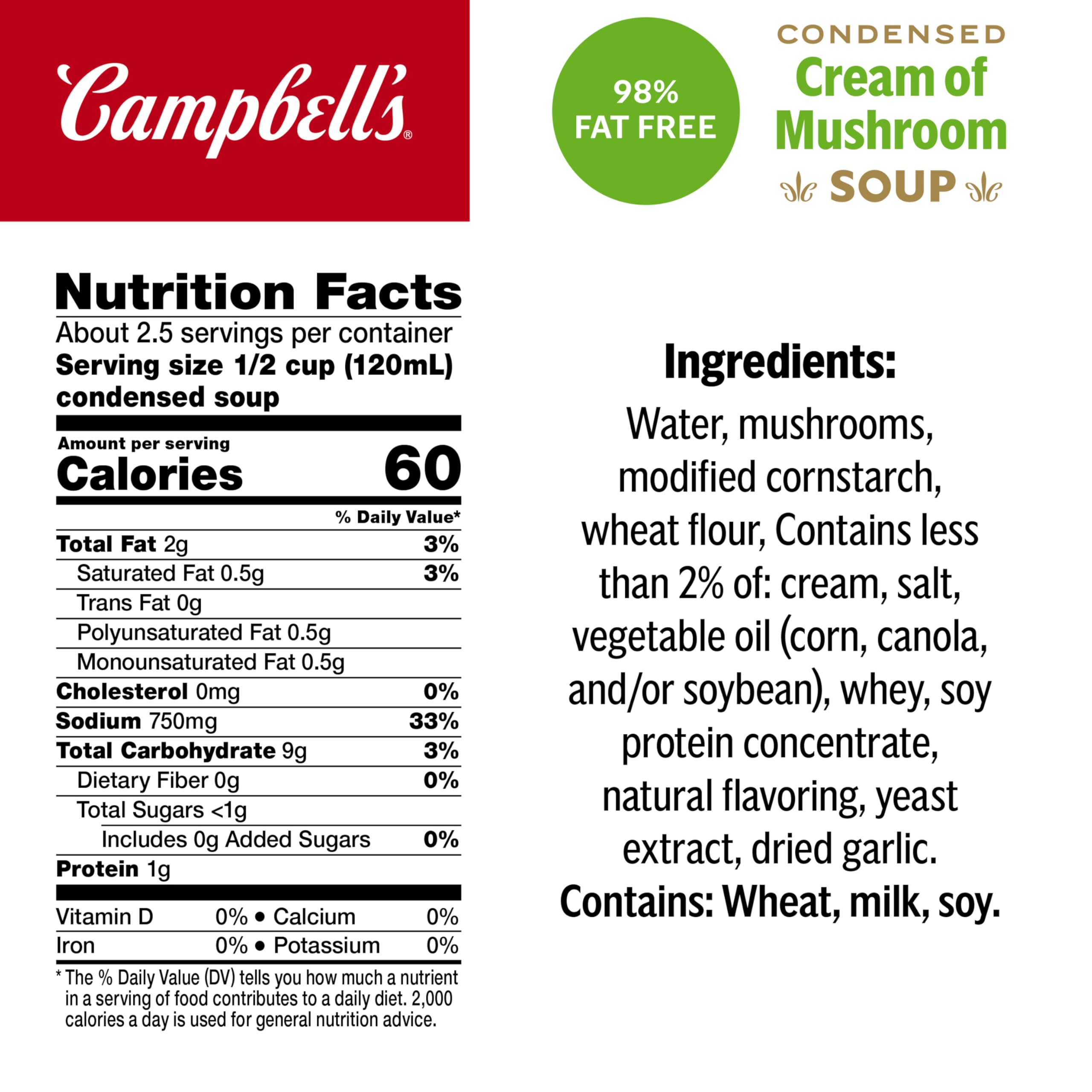 Campbell's Cream of Mushroom Soup ingredients close-up showing mushrooms and cream for rich flavor