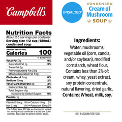 Campbell's Cream of Mushroom Soup ingredients close-up showing mushrooms and cream.