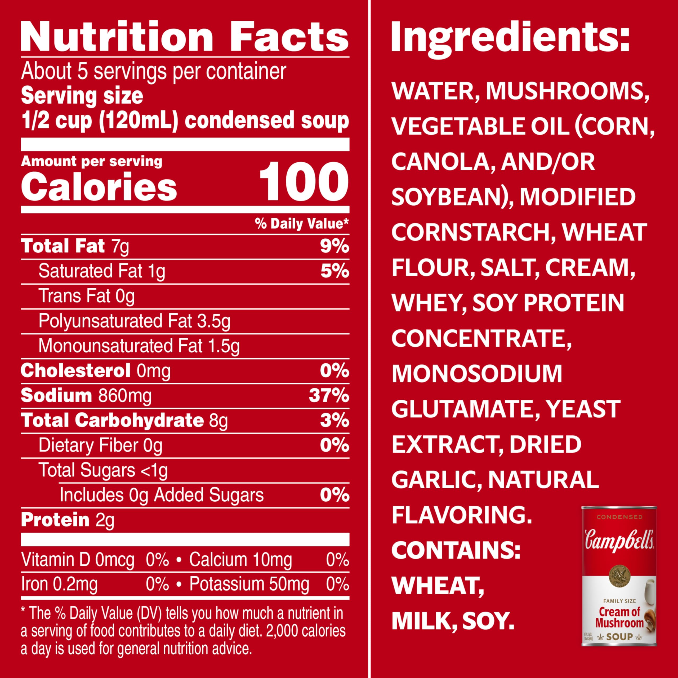 Campbell's Cream of Mushroom Soup ingredients artwork with mushrooms and cream flavor foundation.
