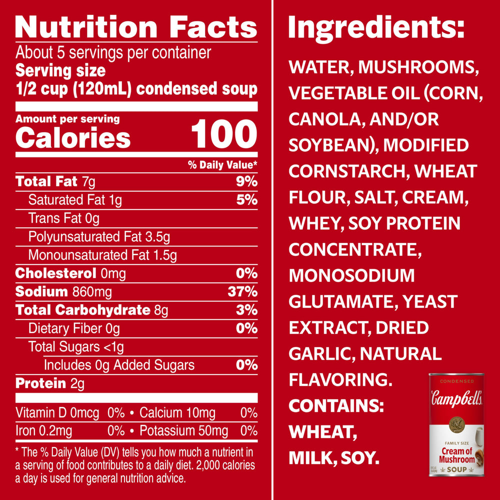 Campbell's Cream of Mushroom Soup ingredients artwork with mushrooms and cream flavor foundation.