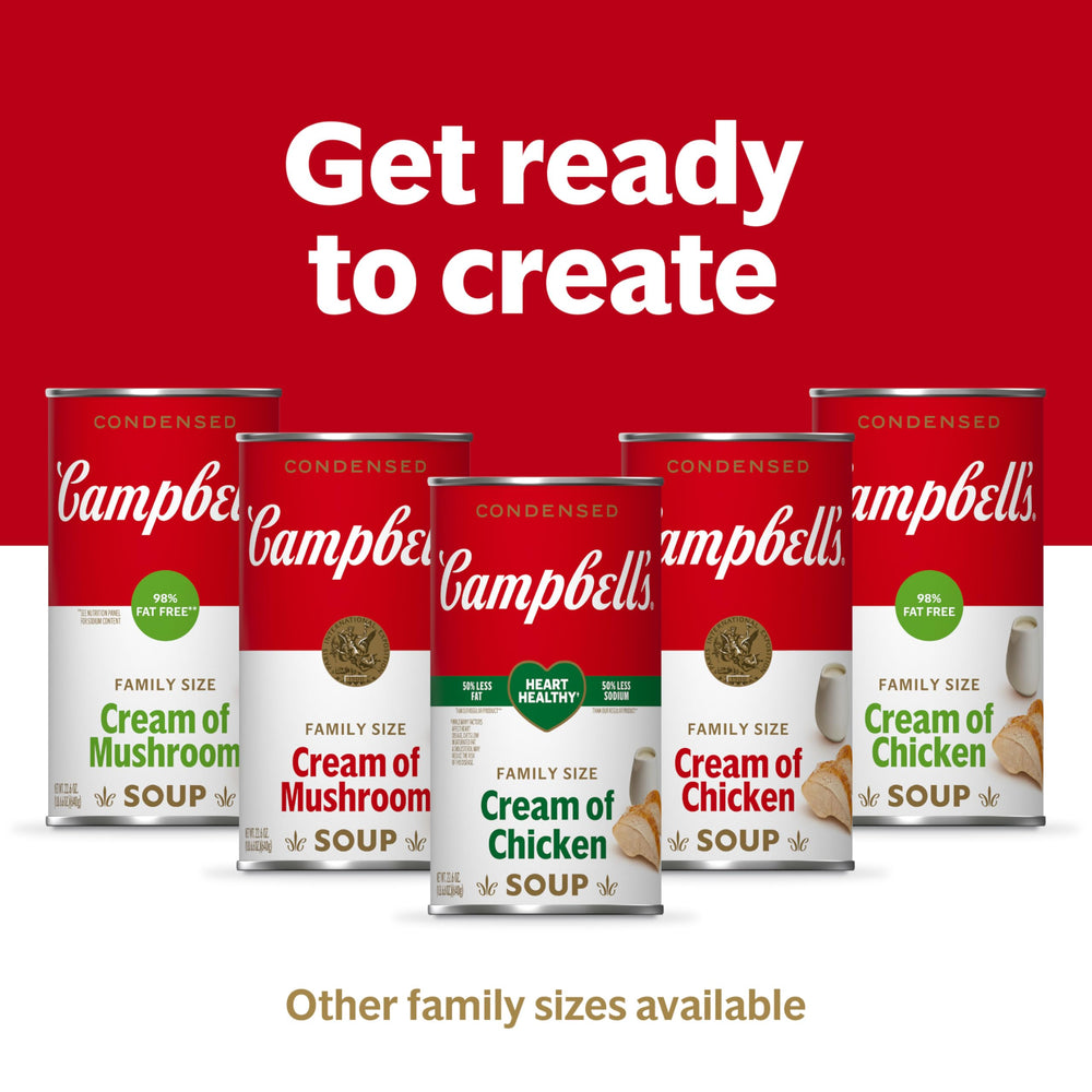 Campbell's Cream of Mushroom Soup can with recyclable packaging.
