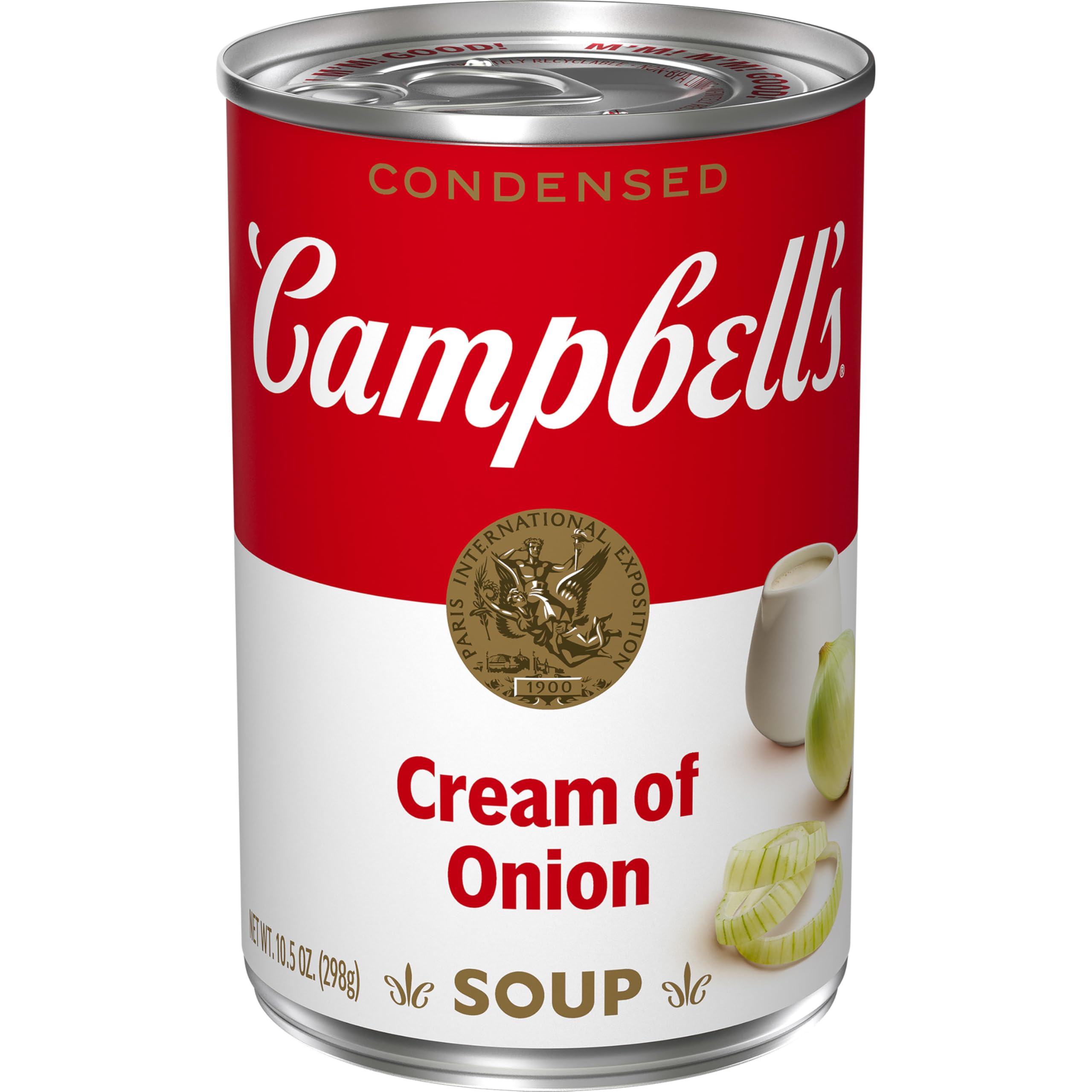 Campbell's Cream of Onion Soup can front label, a pantry staple for quick meals.