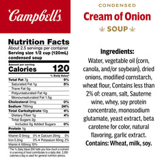 Campbell's Cream of Onion Soup being poured in pan, creating a smooth sauce base.