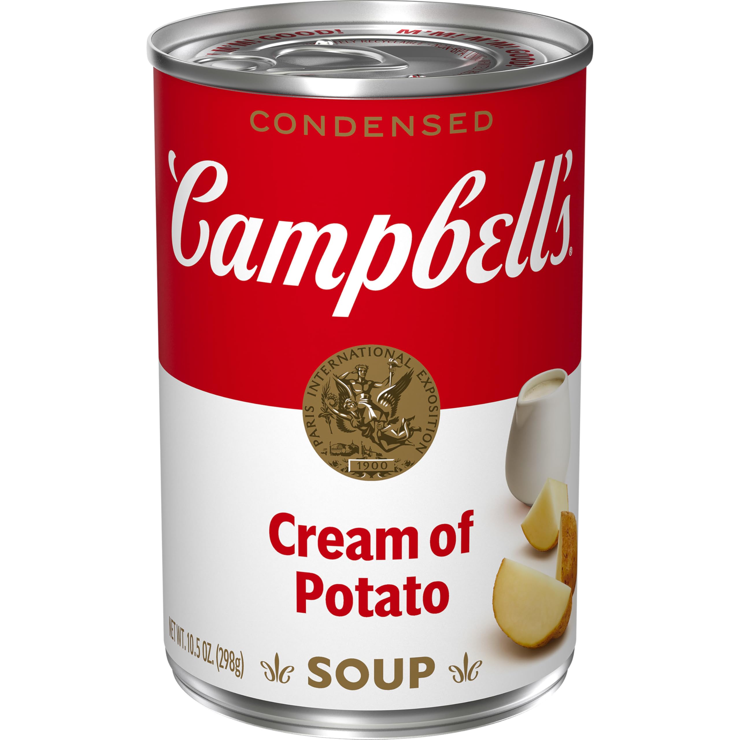 Campbell's Cream of Potato Soup can front view, pantry staple for easy meals.