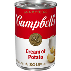 Campbell's Cream of Potato Soup can front view, pantry staple for easy meals.