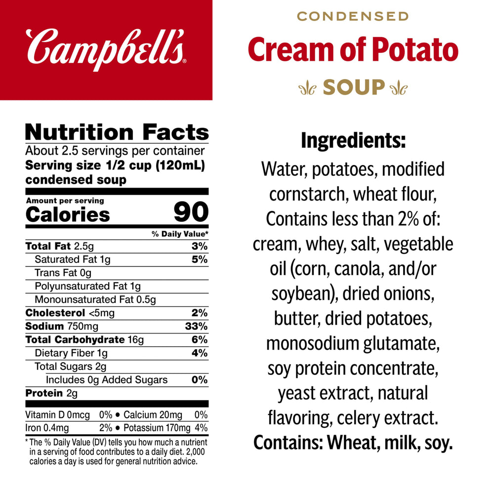 Ladle pouring Campbell's Cream of Potato Soup into a bowl for creamy comfort.
