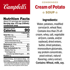Ladle pouring Campbell's Cream of Potato Soup into a bowl for creamy comfort.