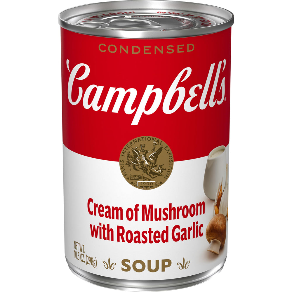Campbell's Cream of Mushroom with Roasted Garlic Soup can on pantry shelf.