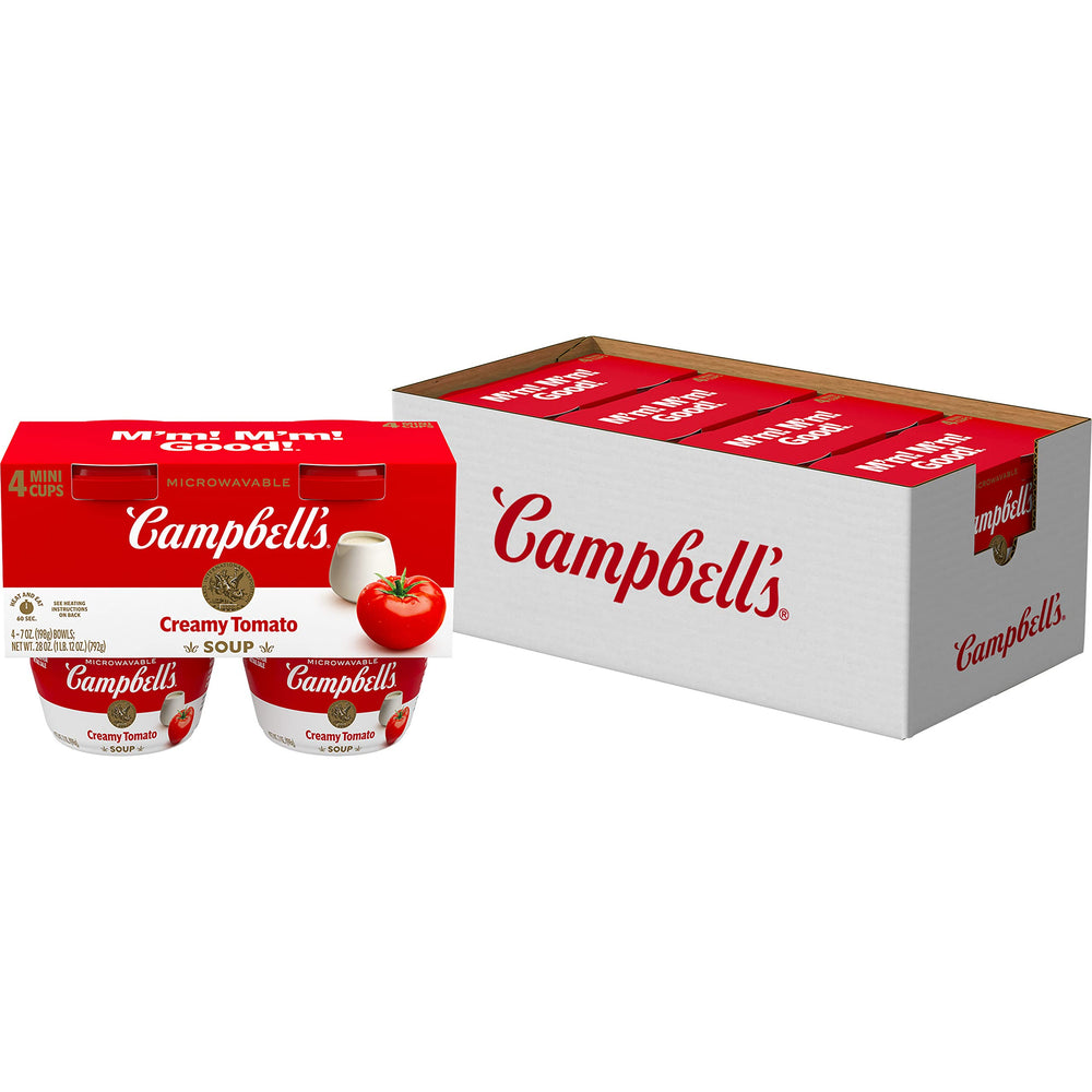 Campbell's Creamy Tomato Soup bowl-cap removal for quick heat-and-go flavor.