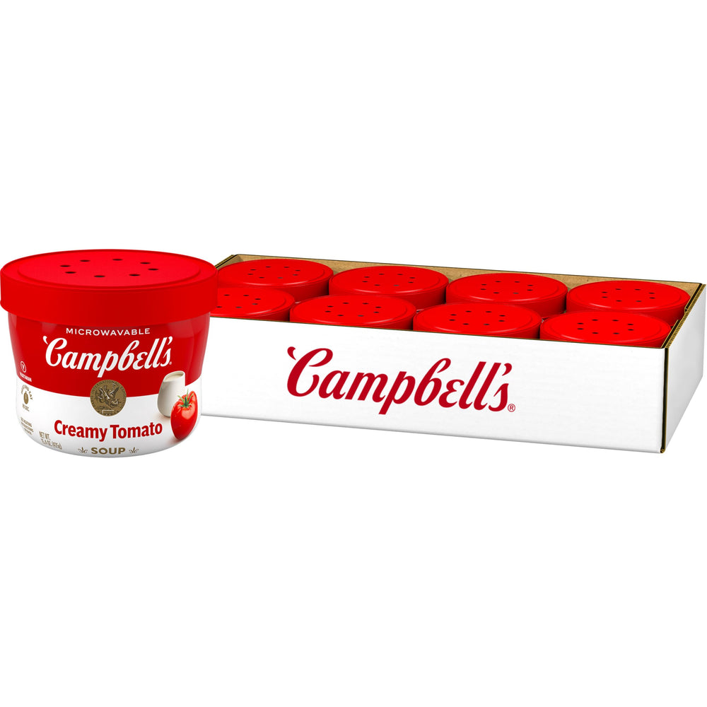 Campbell's Creamy Tomato Soup bowl, whole product on table, comforting meal ready in minutes