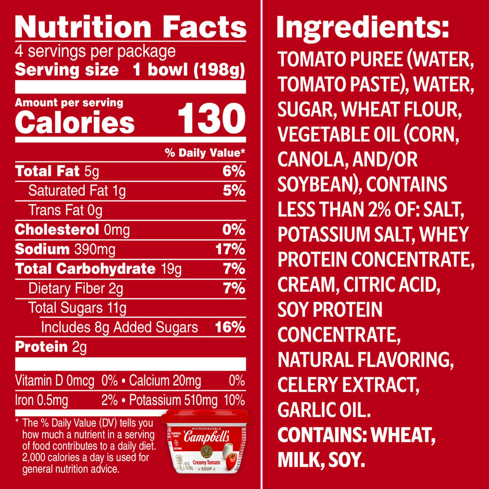 Campbell's Creamy Tomato Soup label-closeup highlights sun-ripened tomatoes and creamy texture.