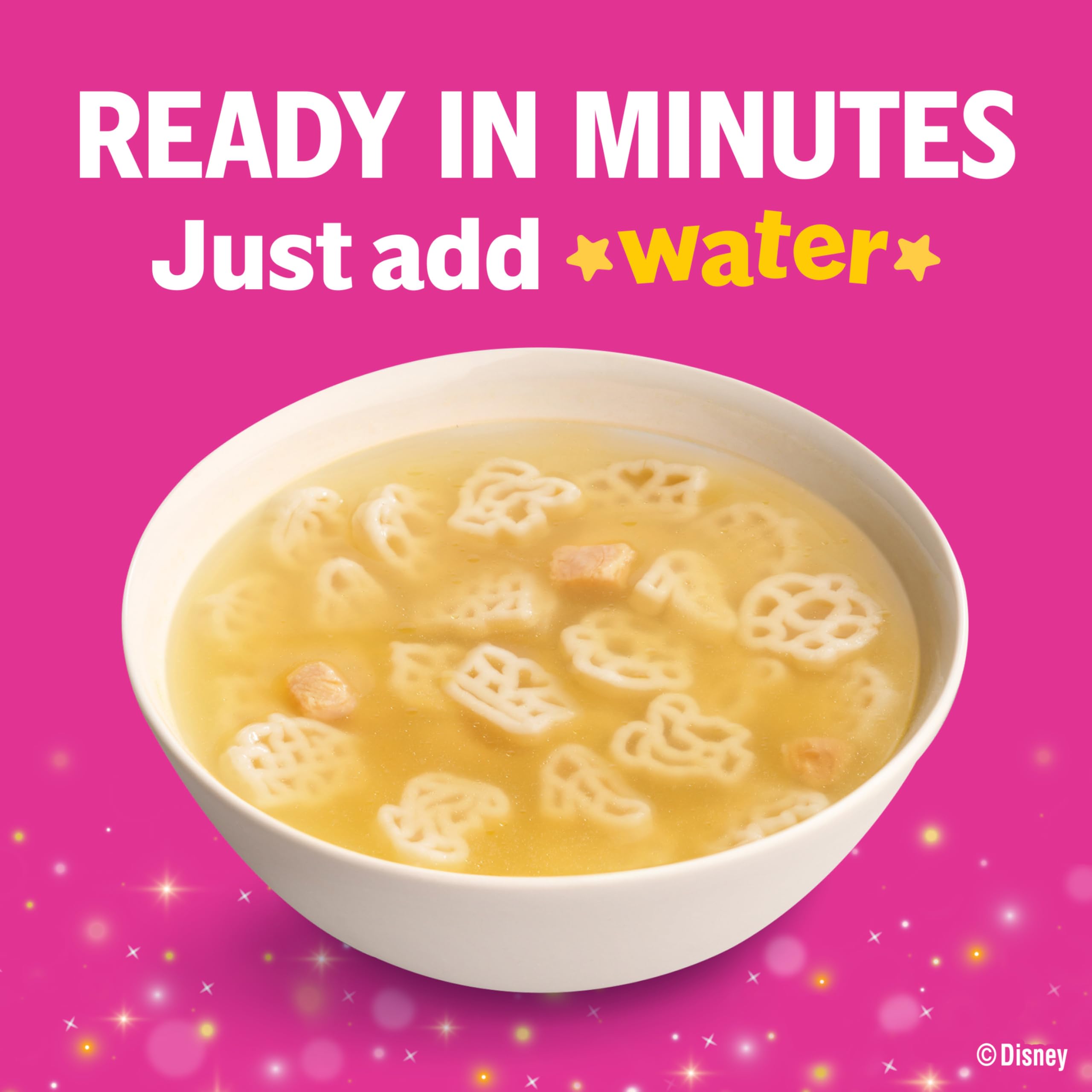 Campbell's Disney Princess Kids Soup in golden chicken broth with tender ingredients.