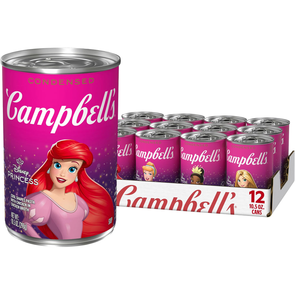 Campbell's Disney Princess soup 12-pack can front view showing kid-friendly shapes and pantry-friendly convenience.