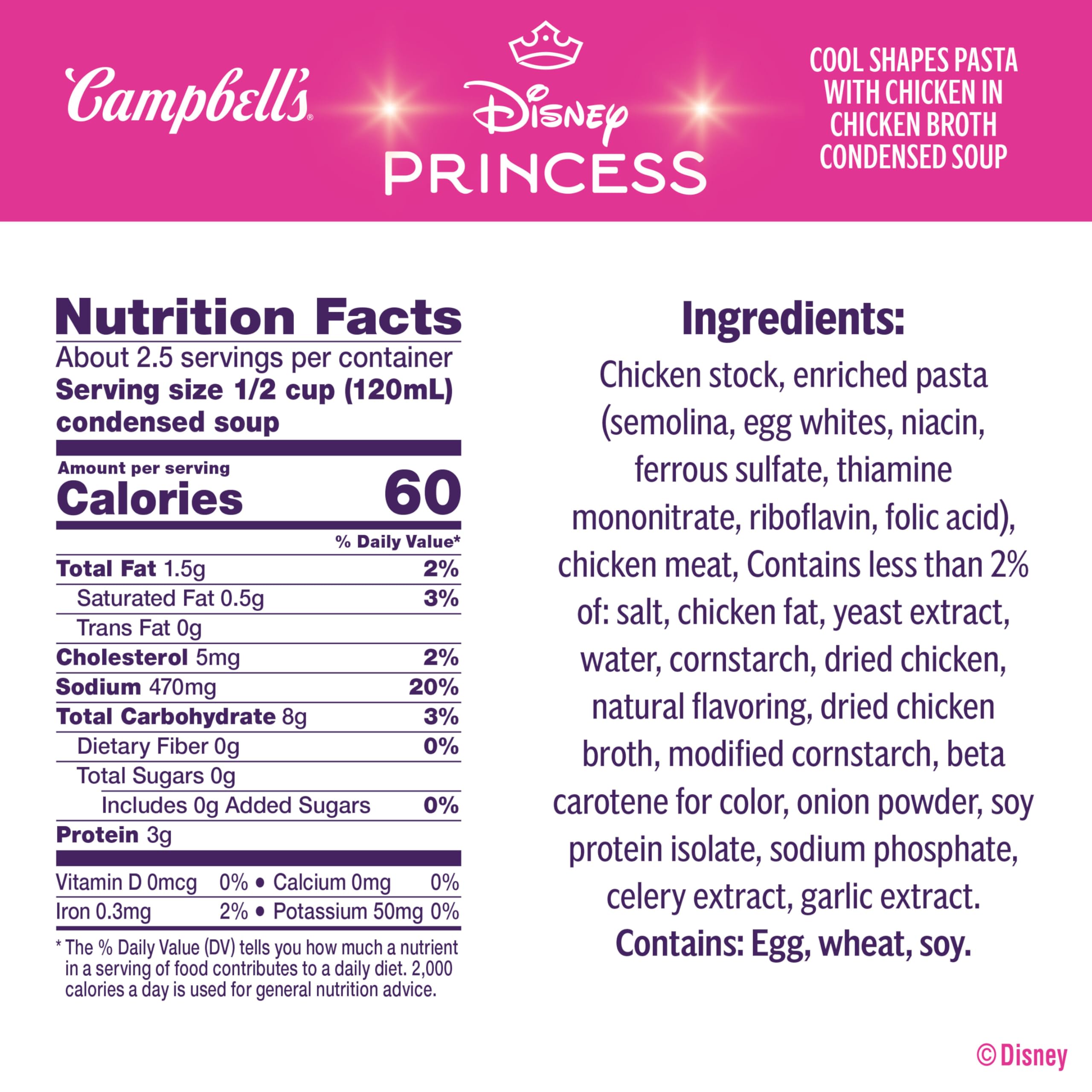 Campbell's Disney Princess soup close-up of pasta shapes featuring Ariel, Cinderella, and crowns.