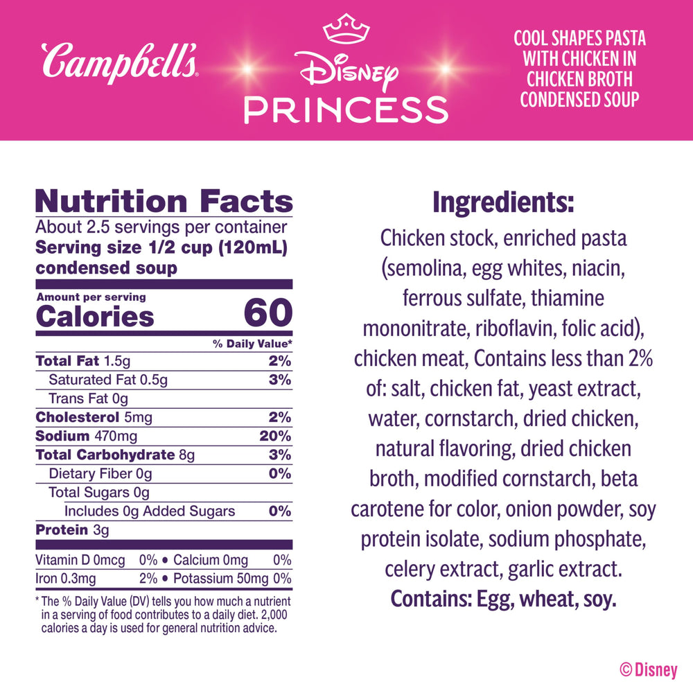 Campbell's Disney Princess soup close-up of pasta shapes featuring Ariel, Cinderella, and crowns.