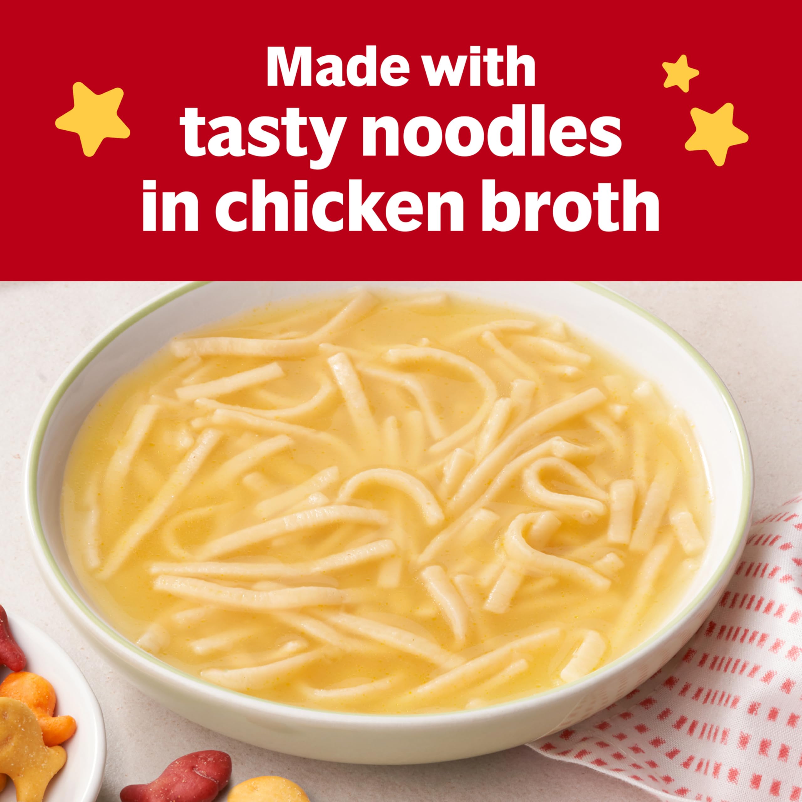 Campbell's Double Noodle paired with Goldfish crackers on a plate.