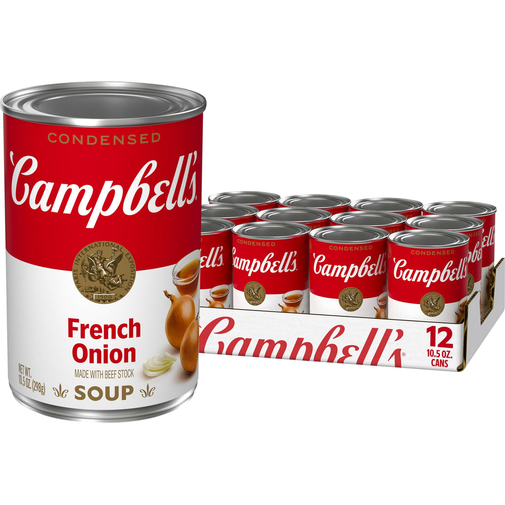 Campbell's French Onion Soup can front; quick, savory base for meals.