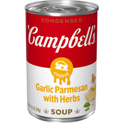 Campbell's Garlic Parmesan Cheese Soup with Herbs shows creamy texture for versatile weeknight meals.