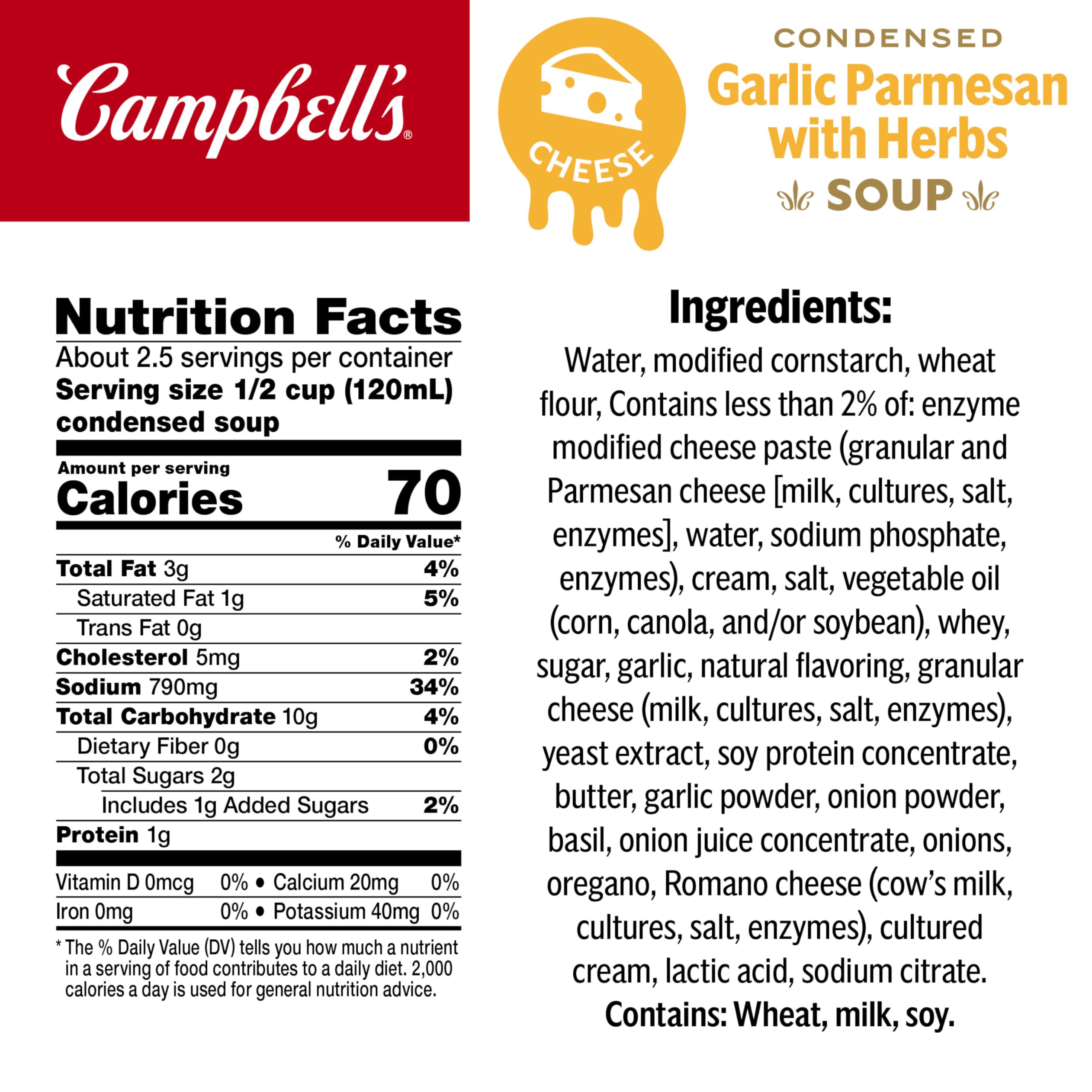 Campbell's Garlic Parmesan Cheese Soup with Herbs labeled can for pantry-friendly recipes.