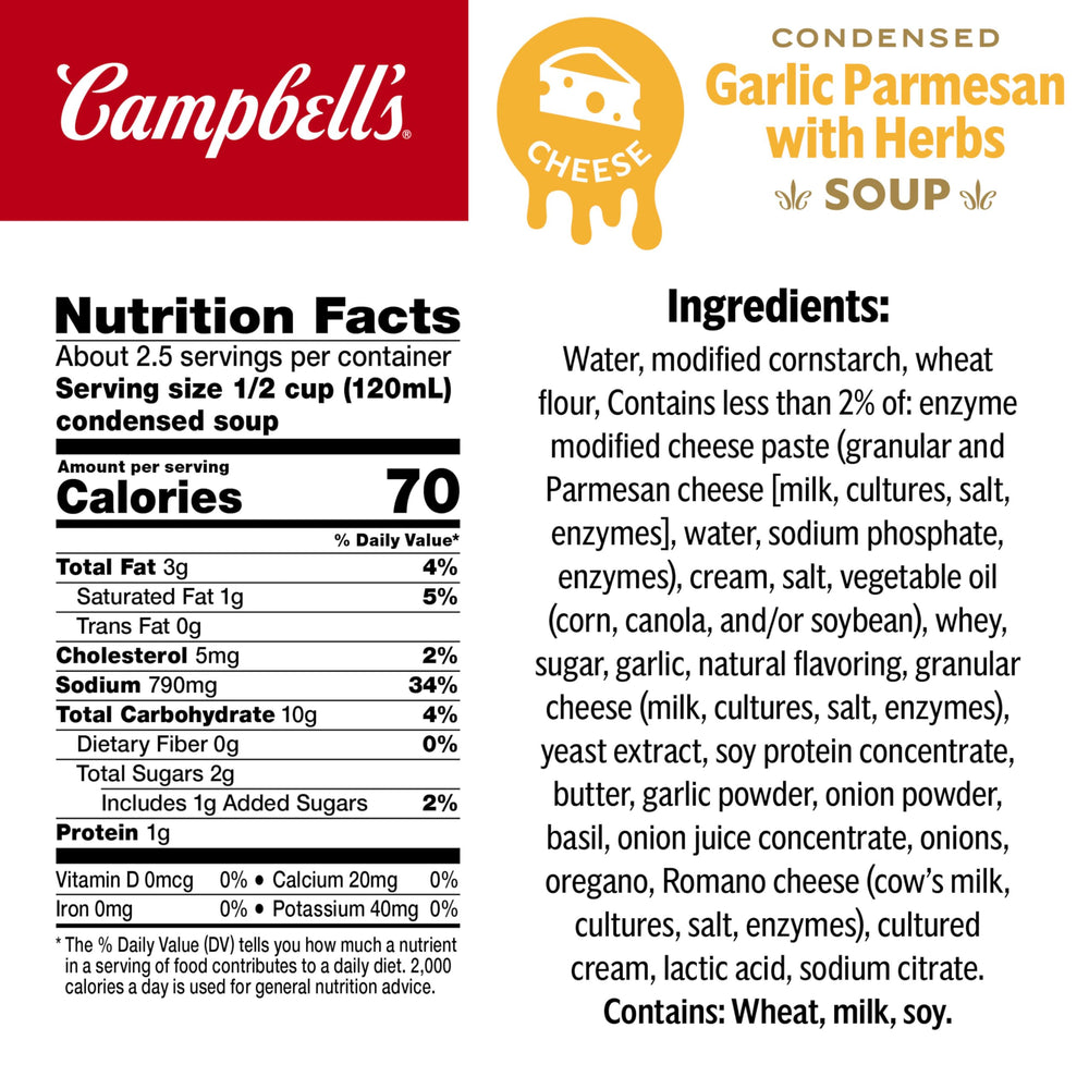 Campbell's Garlic Parmesan Cheese Soup with Herbs labeled can for pantry-friendly recipes.
