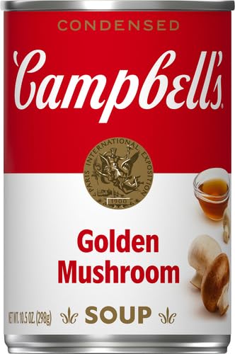 Campbell's Golden Mushroom Soup poured over ingredients, enhancing flavor in recipes.