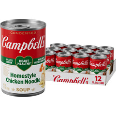 Campbell's Heart Healthy Homestyle Chicken Noodle Soup label on the can highlighting lower sodium