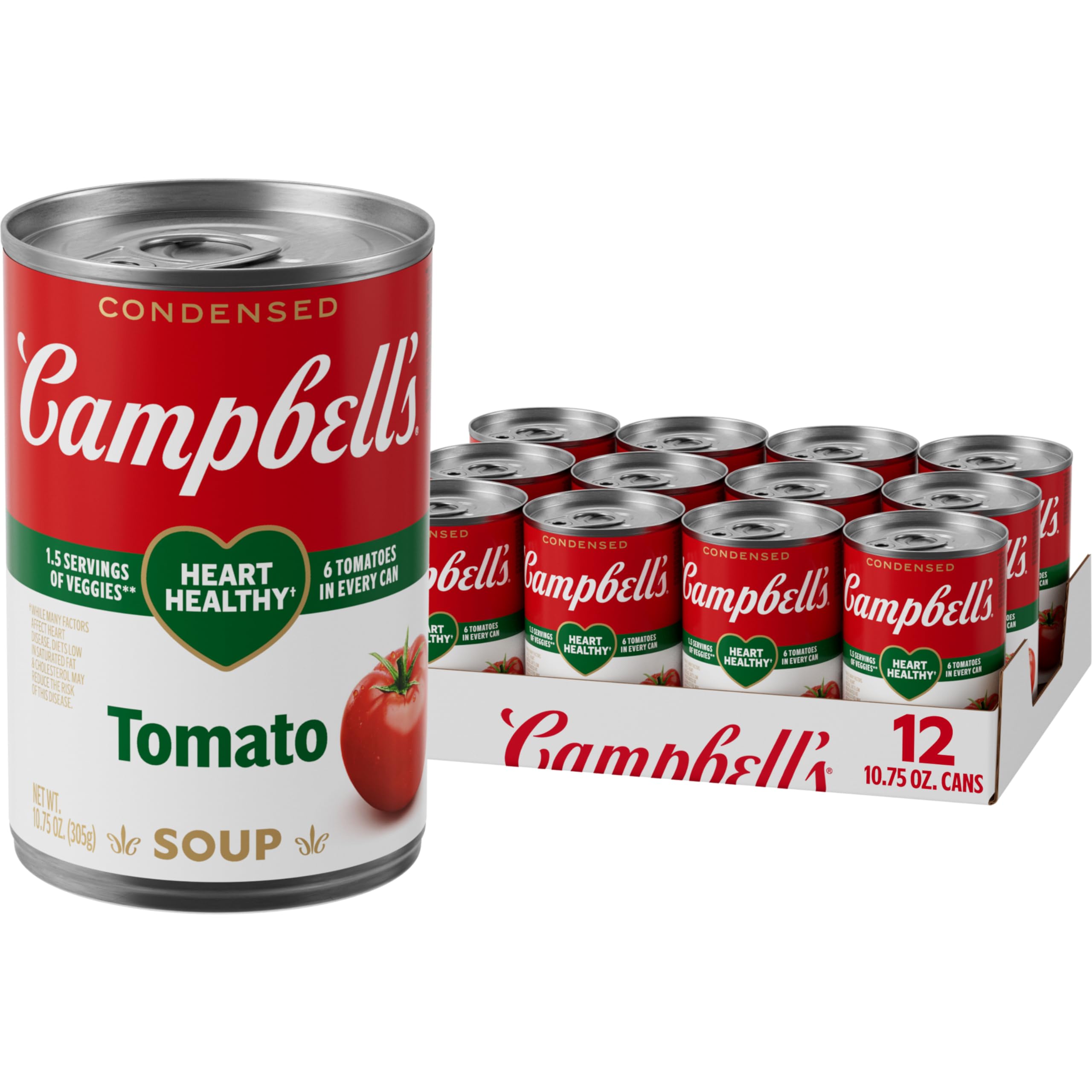 Campbell's Heart Healthy Tomato Soup twelve-pack cans for easy stocking.