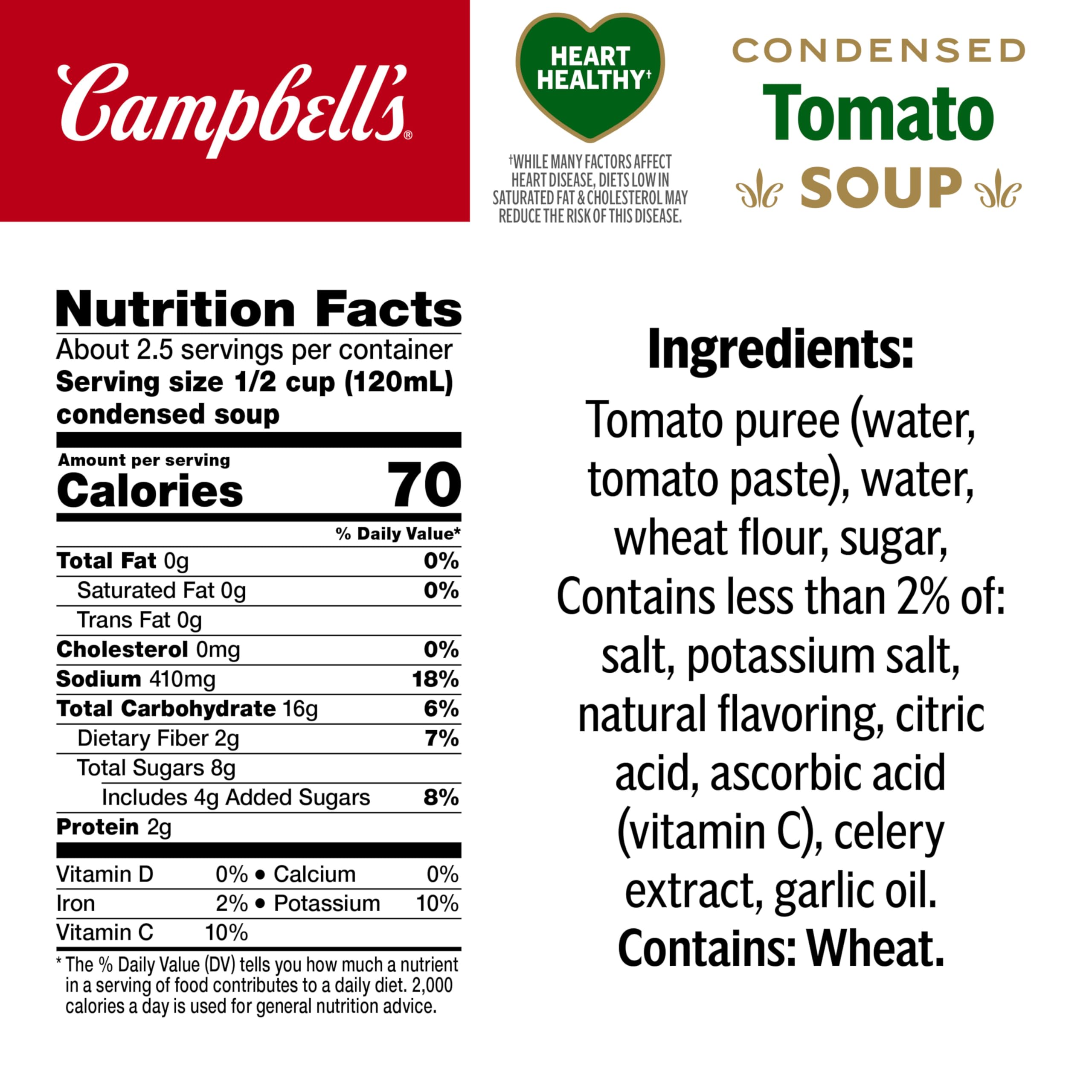 Campbell's Heart Healthy Tomato Soup can front view, ideal pantry staple.