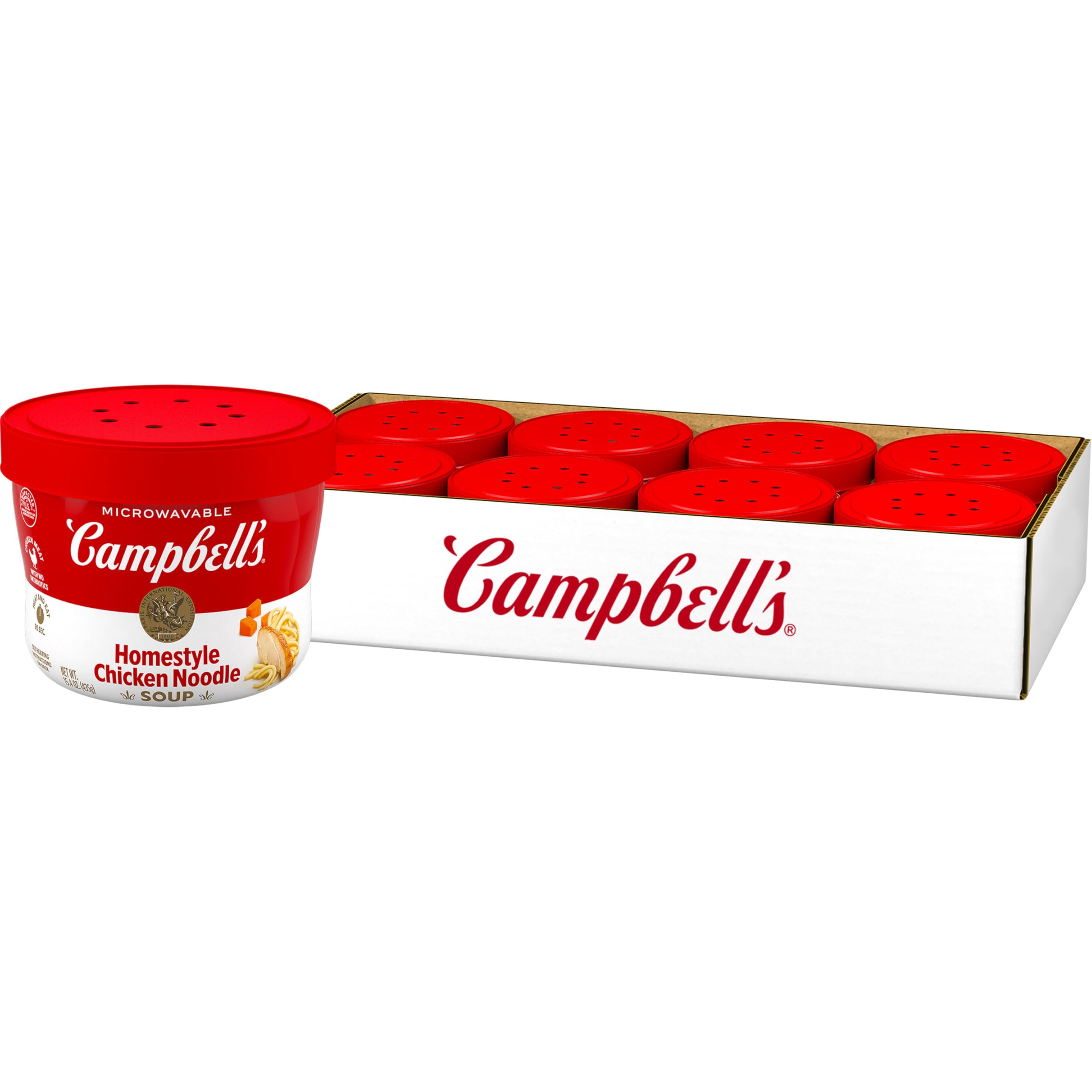 Campbell's Homestyle Chicken Noodle Soup bowl, microwave-ready, quick comfort for lunch.