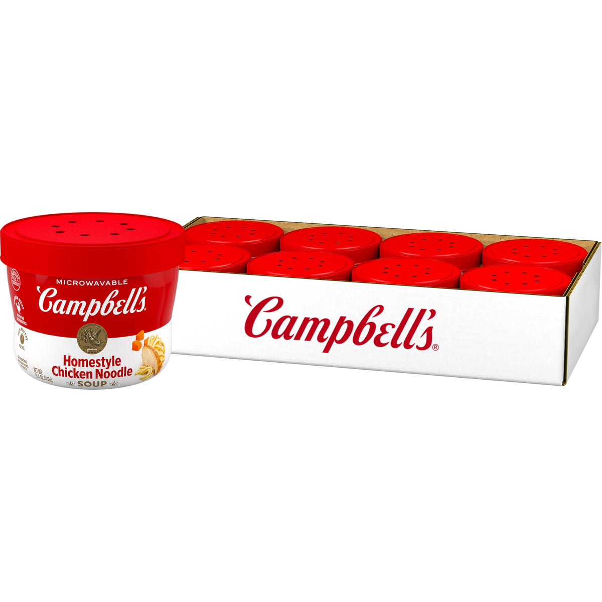 Campbell's Homestyle Chicken Noodle Soup bowl, microwave-ready, quick comfort for lunch.