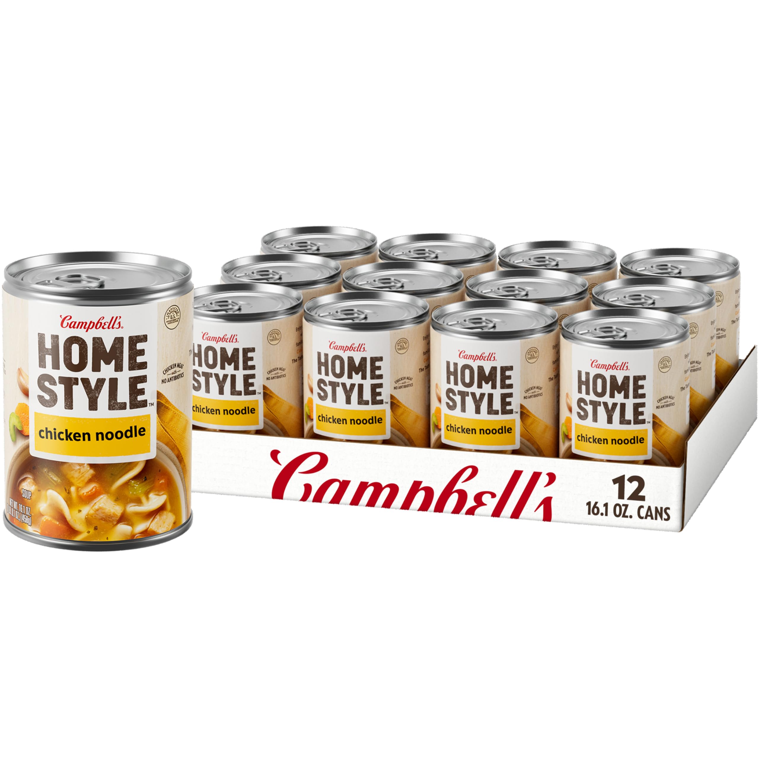 Campbell's Homestyle Chicken Noodle Soup can front view, ready-to-serve comfort