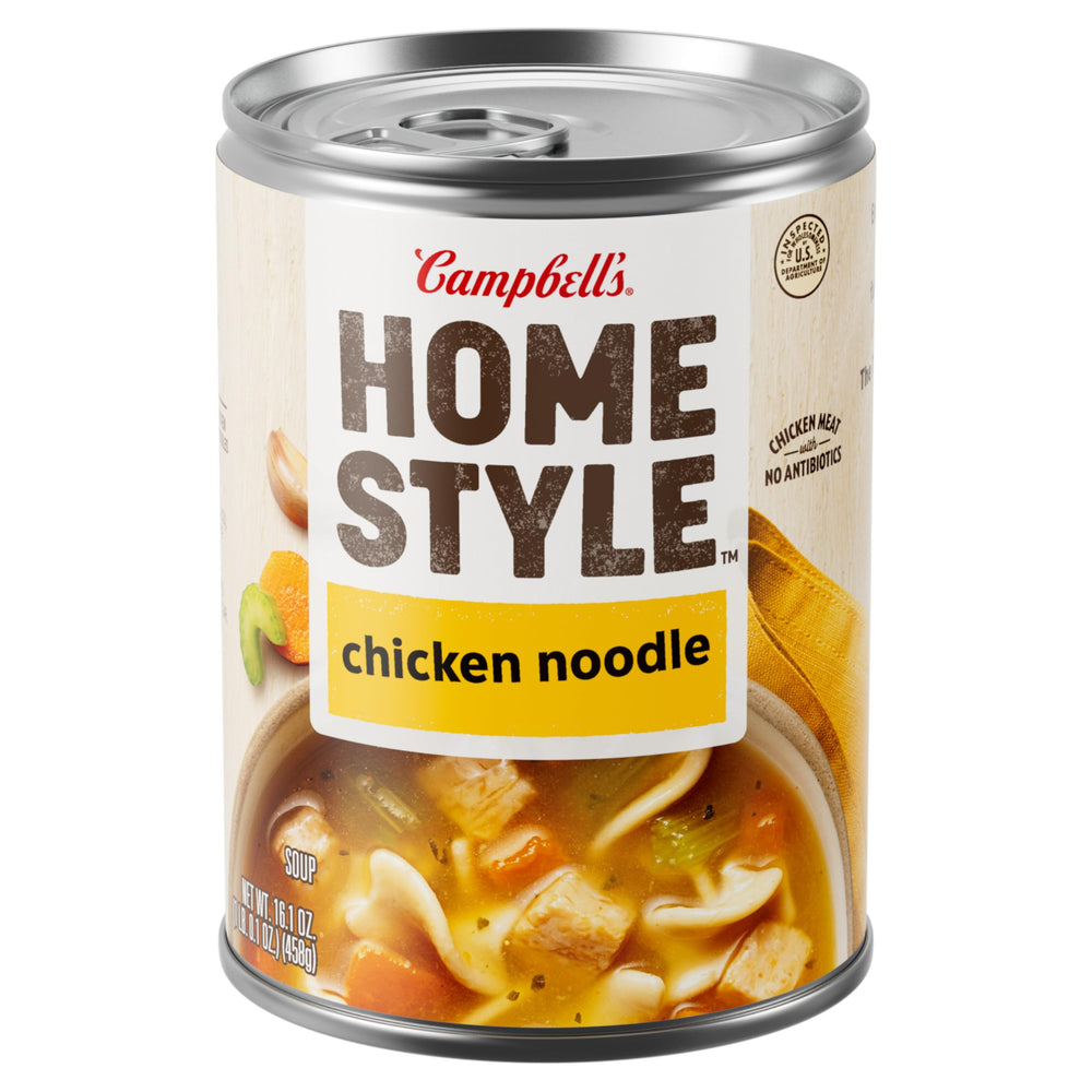 Campbell's Homestyle Chicken Noodle Soup front can view showcases comforting, ready-to-heat warmth.