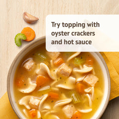 Campbell's Homestyle Chicken Noodle Soup ingredients closeup, chicken and vegetables