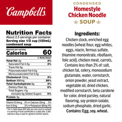 Open Campbell's Homestyle Chicken Noodle Soup can reveals hearty noodles and chicken for a quick, satisfying meal