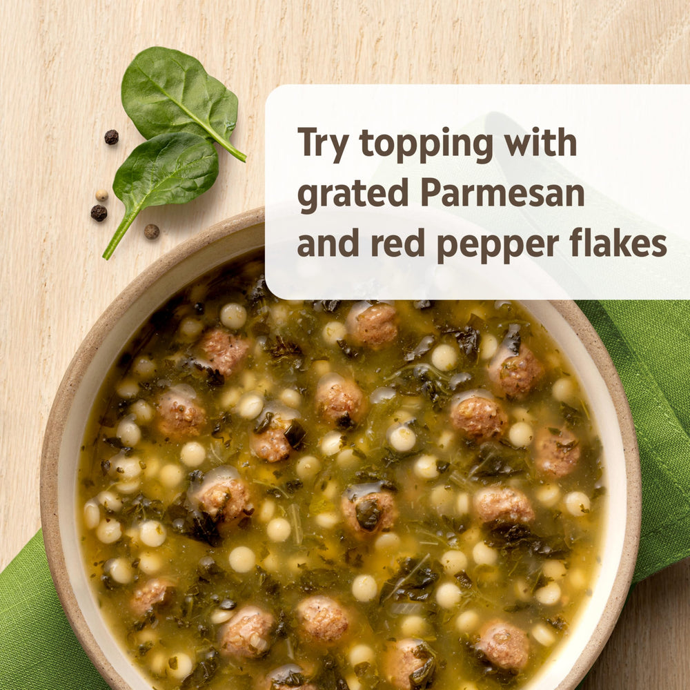 Ingredients of Campbell's Homestyle Italian Wedding Soup: meatballs and spinach