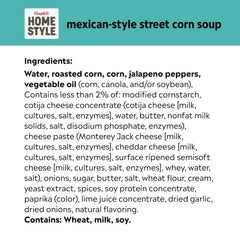Campbell's Homestyle Mexican Style Street Corn Soup ingredients, highlighting roasted corn and jalapeño flavor.