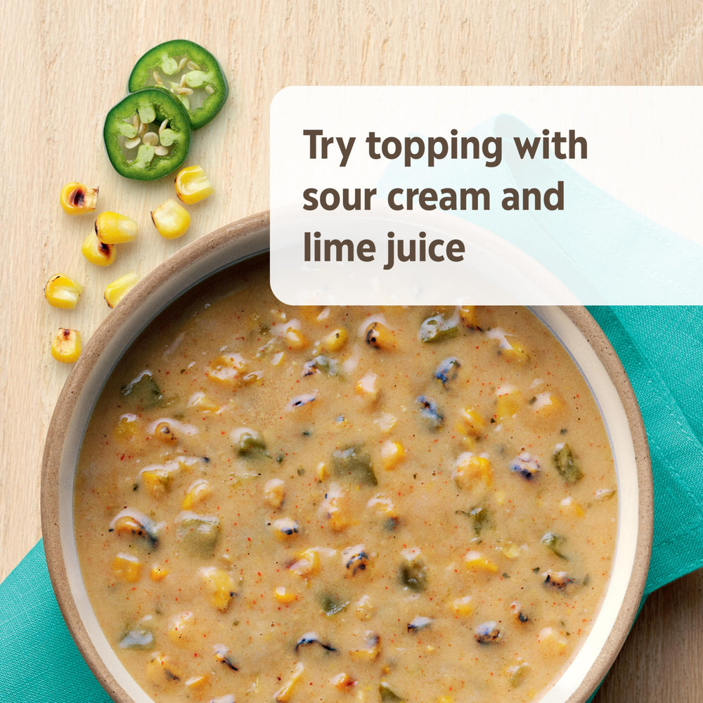 Campbell's Homestyle Mexican Style Street Corn Soup microwave-ready, heat in minutes for a warm bowl.