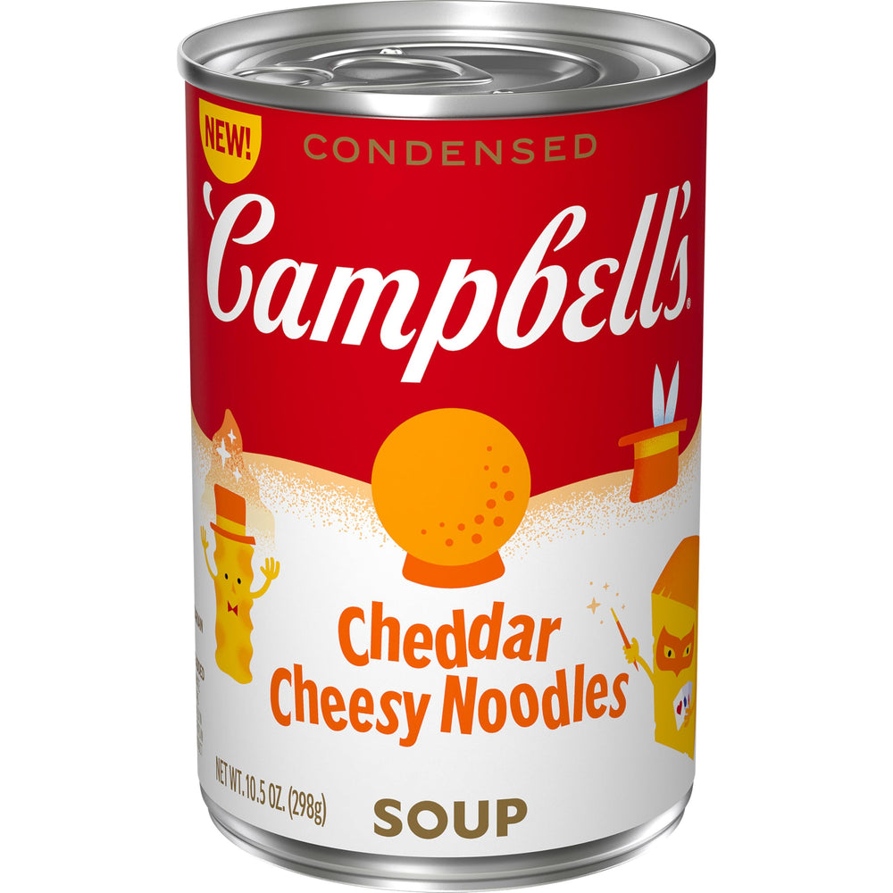 Campbell's Kids Cheddar Cheesy Noodle Soup can for a family-friendly pantry staple.