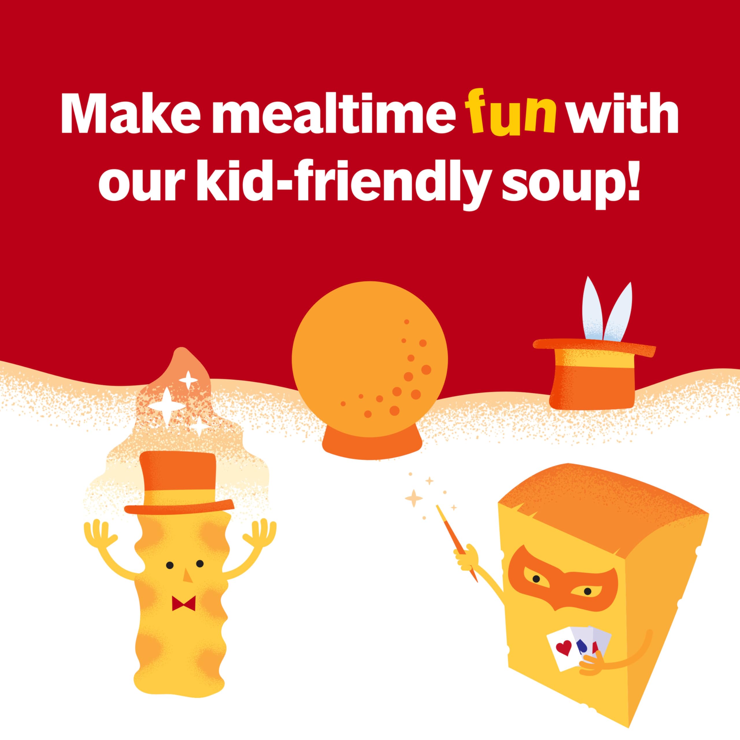 Campbell's Kids Cheddar Cheesy Noodle Soup steaming bowl with comforting aroma.