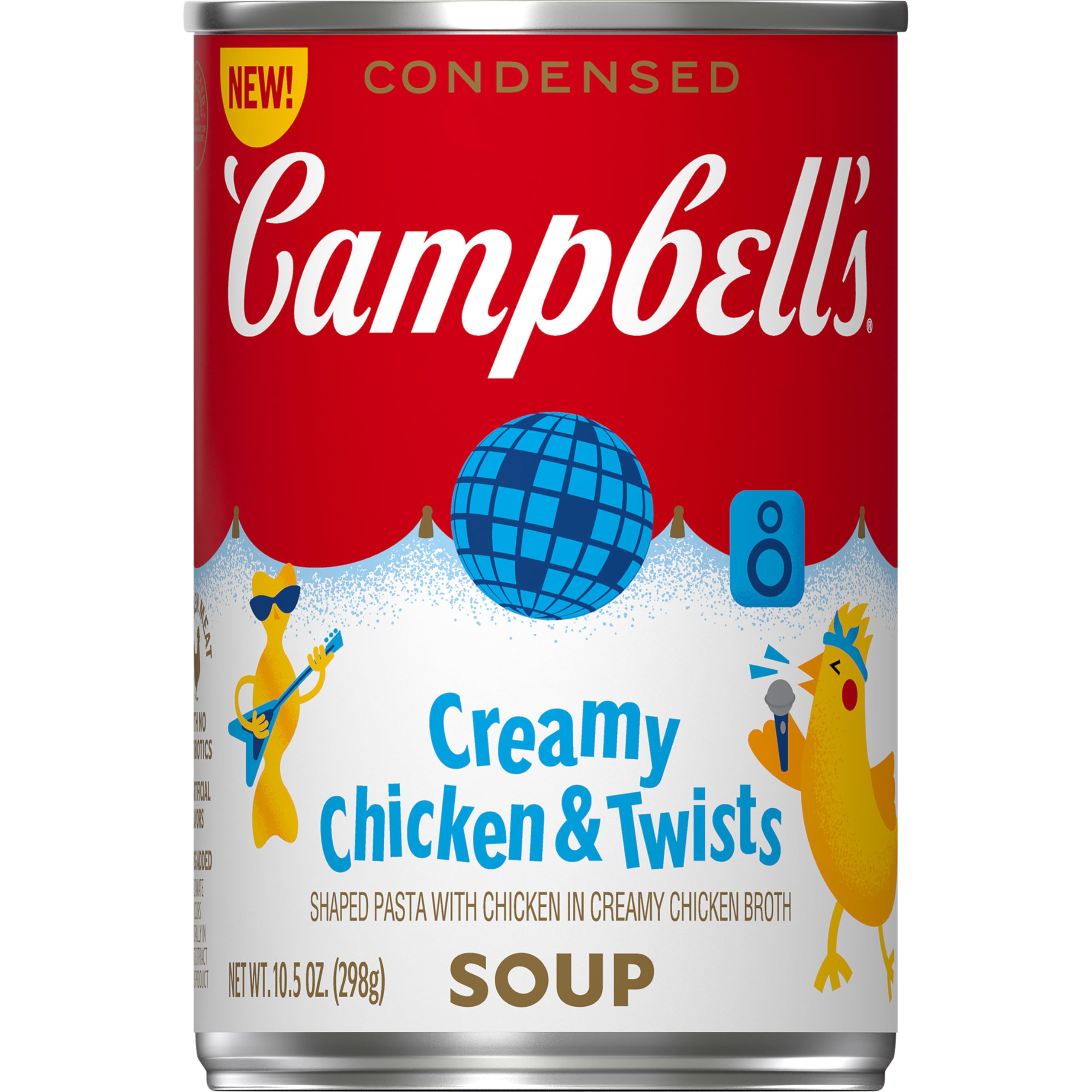 Campbell's Kids Creamy Chicken and Twists can with comforting broth and fun pasta shapes.