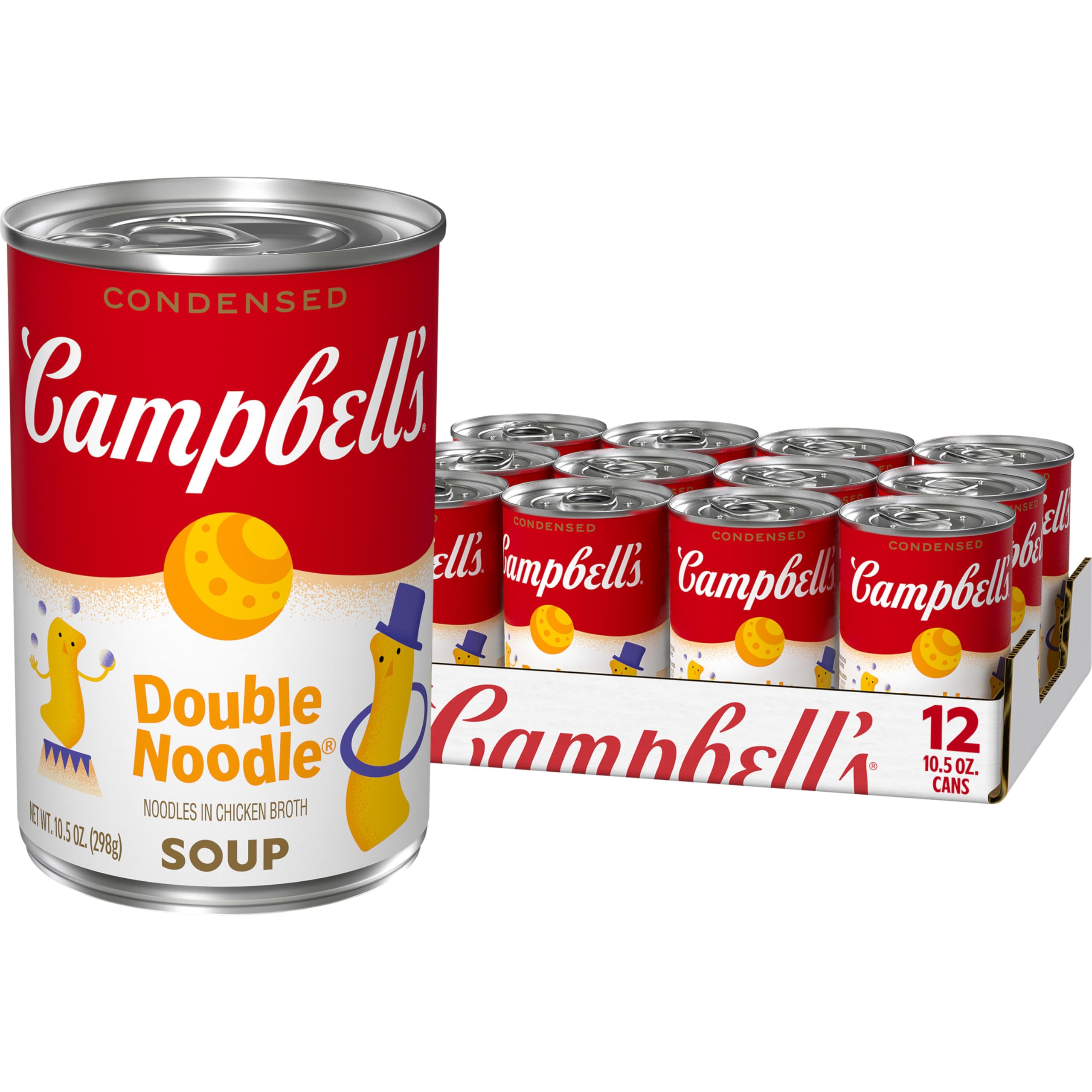 Campbell's Kids Double Noodle Soup cans on shelf, easy pantry staple for busy families.