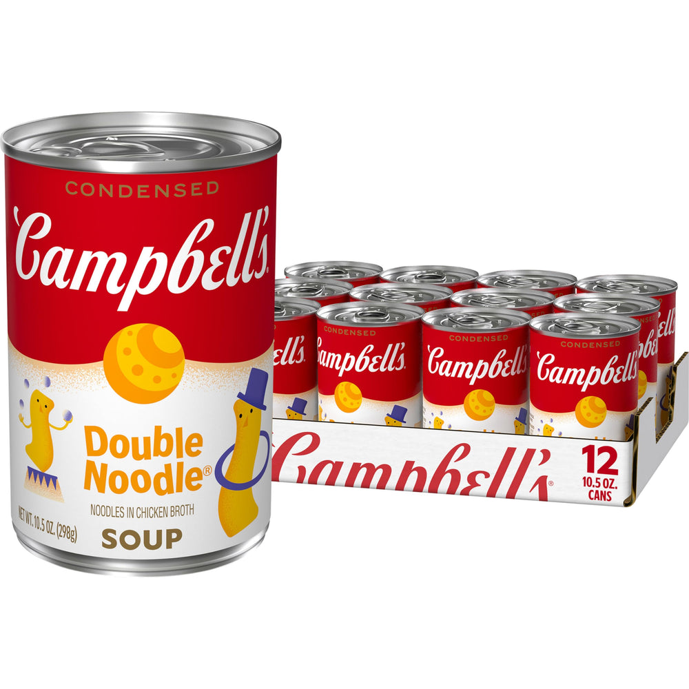 Campbell's Kids Double Noodle Soup cans on shelf, easy pantry staple for busy families.