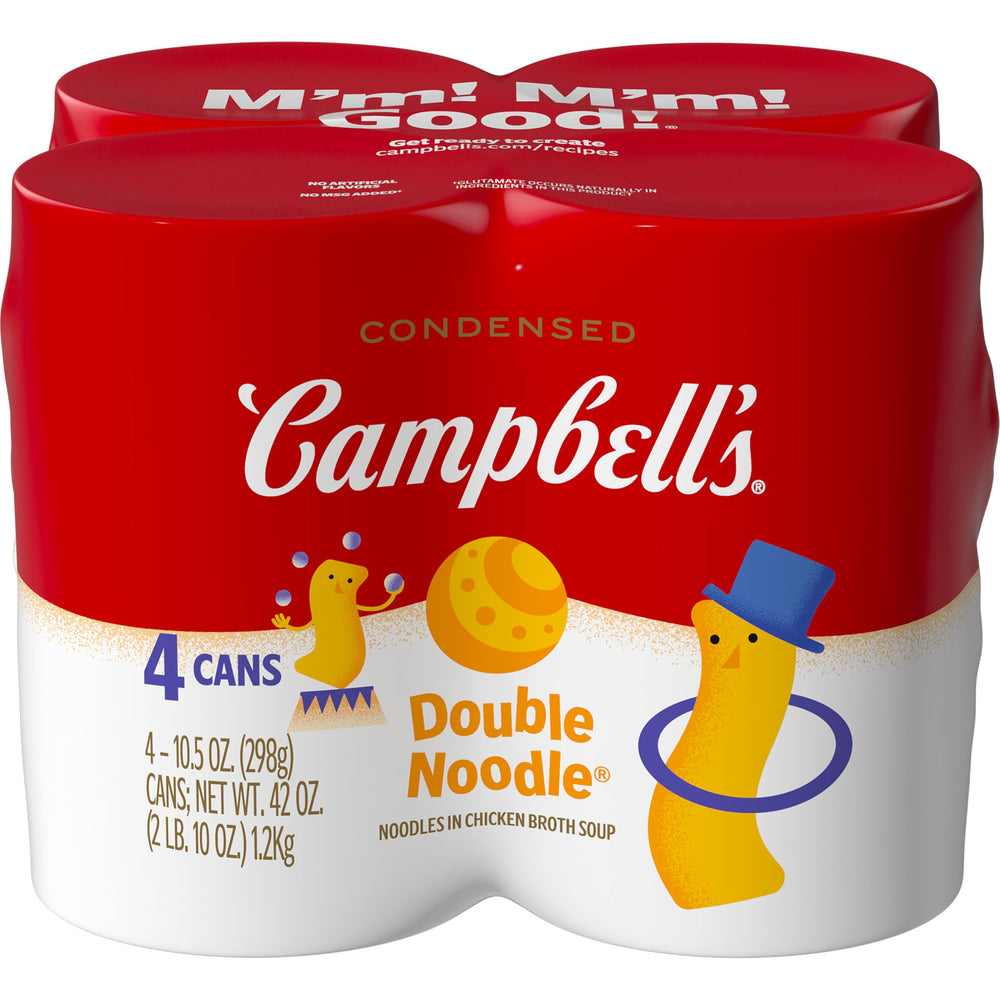 Campbell’s Kids Double Noodle Soup four-pack cans on kitchen counter, easy weeknight meals.