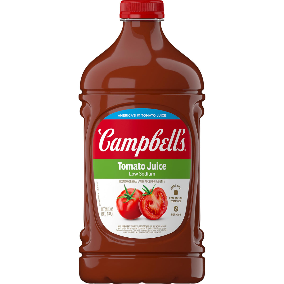 Campbell's Low Sodium Tomato Juice 64oz bottle pour for easy kitchen use.