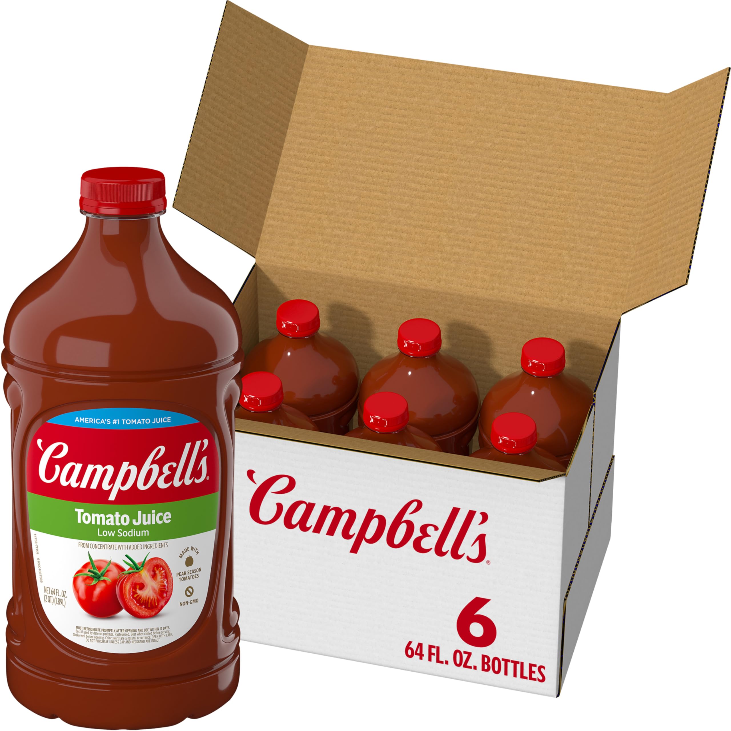Campbell's Low Sodium Tomato Juice bottle front, gluten-free and vegetarian